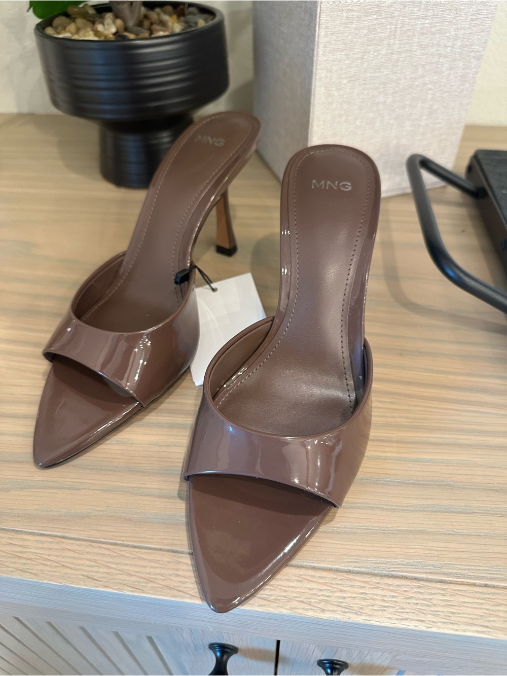 Mango Taupe Brown Patent Pointed Mule Sandal Heels